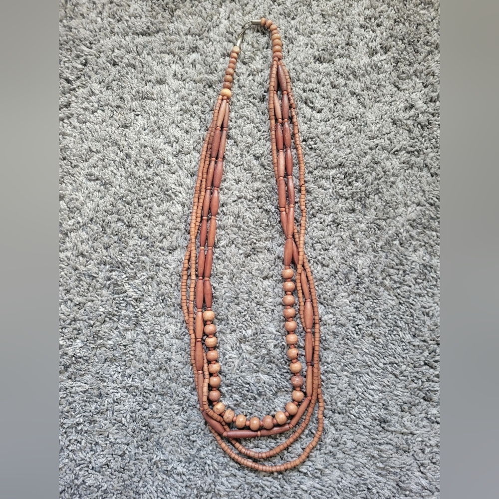 Elegant Brown Wood Beaded Necklace Lobster Claw Closure 4 Strands *NWOT*